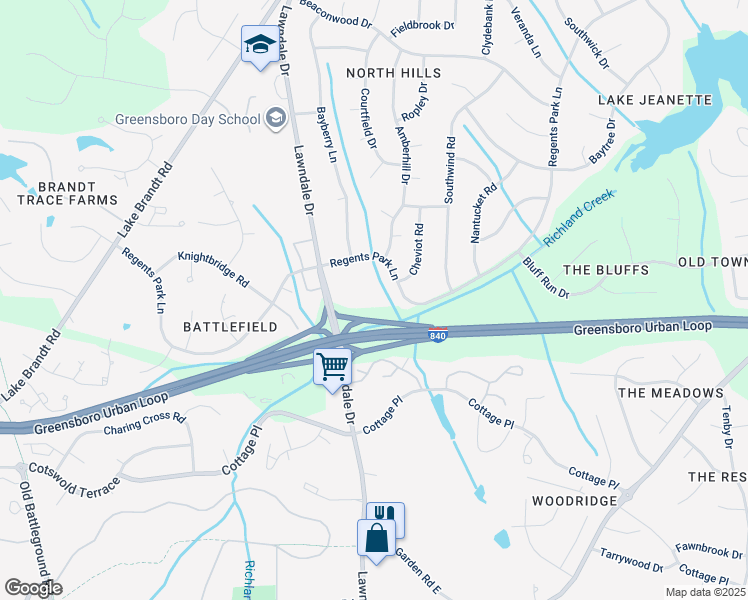 map of restaurants, bars, coffee shops, grocery stores, and more near 5006 Lawndale Drive in Greensboro