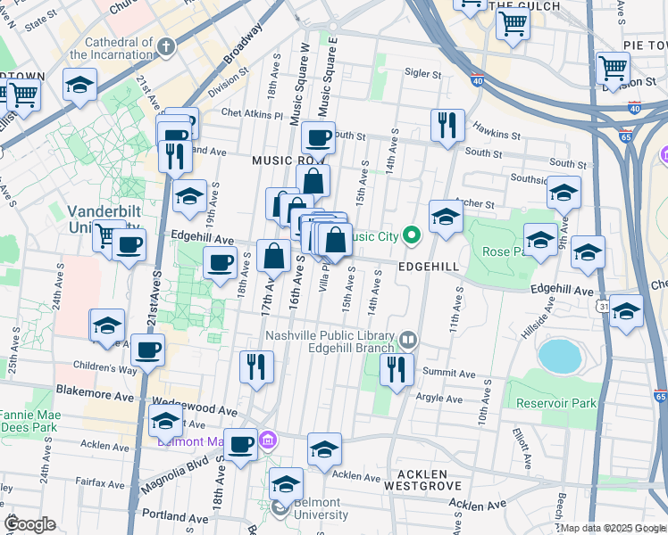 map of restaurants, bars, coffee shops, grocery stores, and more near 1200 Villa Place in Nashville