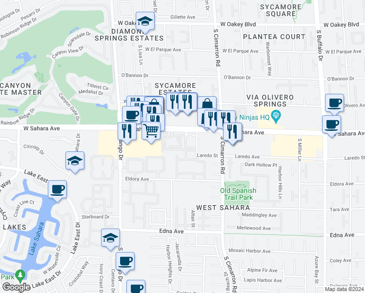 map of restaurants, bars, coffee shops, grocery stores, and more near 8455 West Sahara Avenue in Las Vegas
