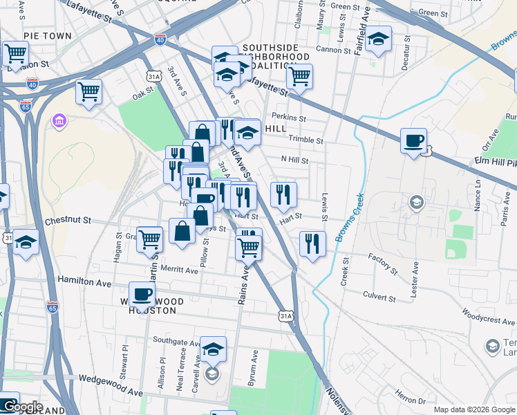map of restaurants, bars, coffee shops, grocery stores, and more near 1265 2nd Avenue South in Nashville