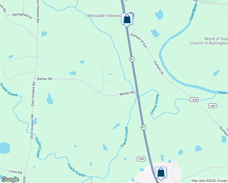 map of restaurants, bars, coffee shops, grocery stores, and more near 2377 Barber Road in Elon