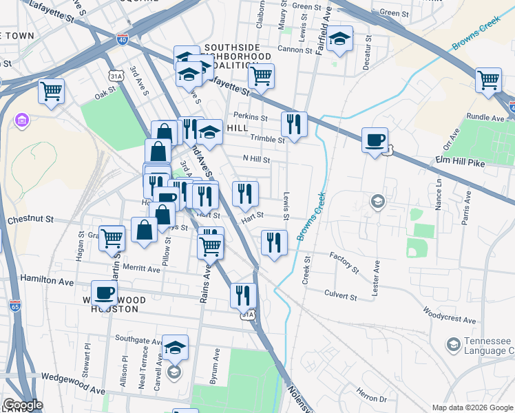 map of restaurants, bars, coffee shops, grocery stores, and more near 1263 1st Avenue South in Nashville