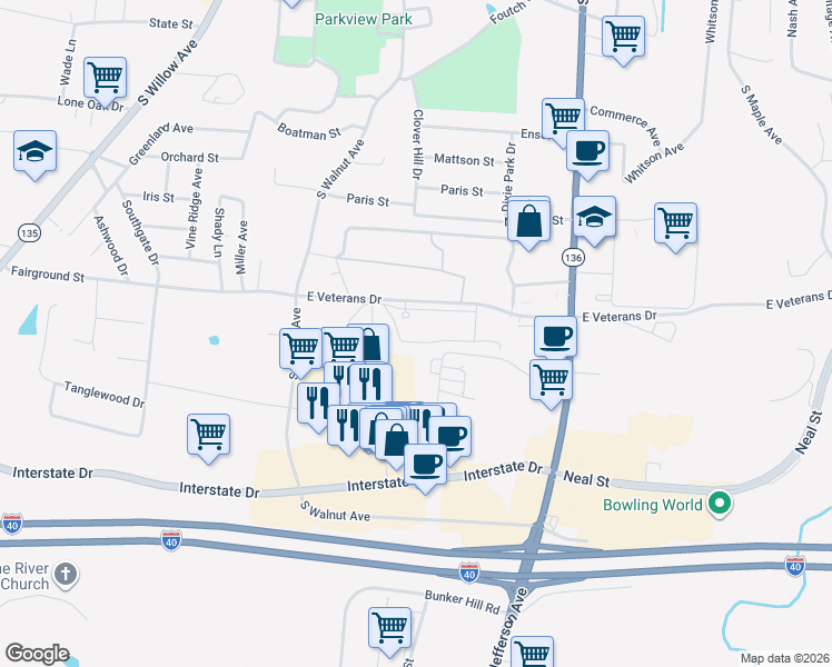 map of restaurants, bars, coffee shops, grocery stores, and more near 75 East Veterans Drive in Cookeville