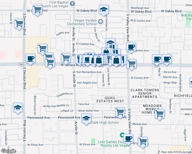 map of restaurants, bars, coffee shops, grocery stores, and more near 2532 Amarillo Street in Las Vegas