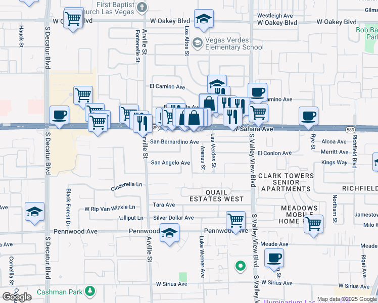 map of restaurants, bars, coffee shops, grocery stores, and more near 2532 Amarillo Street in Las Vegas