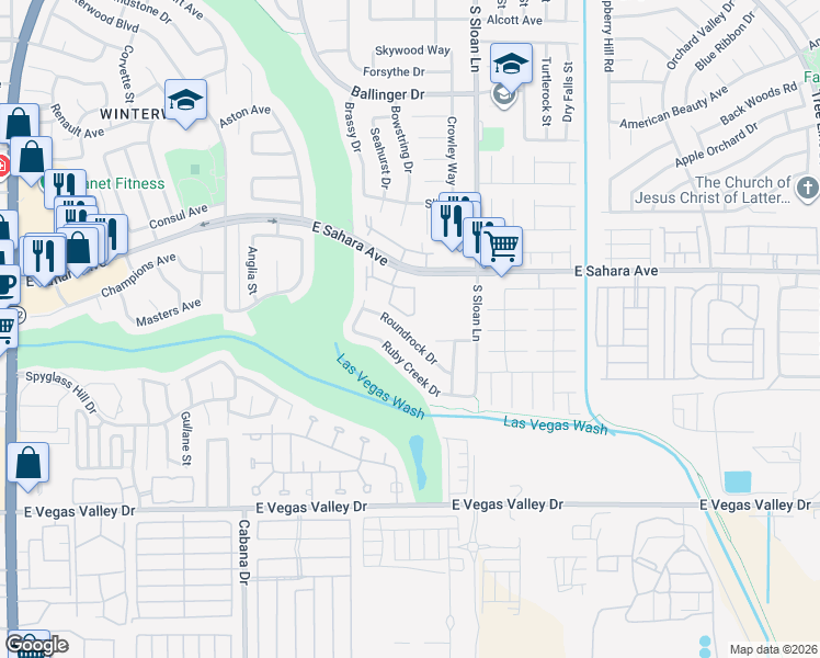 map of restaurants, bars, coffee shops, grocery stores, and more near 5686 Roundrock Drive in Las Vegas