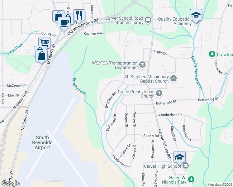 map of restaurants, bars, coffee shops, grocery stores, and more near 3921 Whitfield Road in Winston-Salem