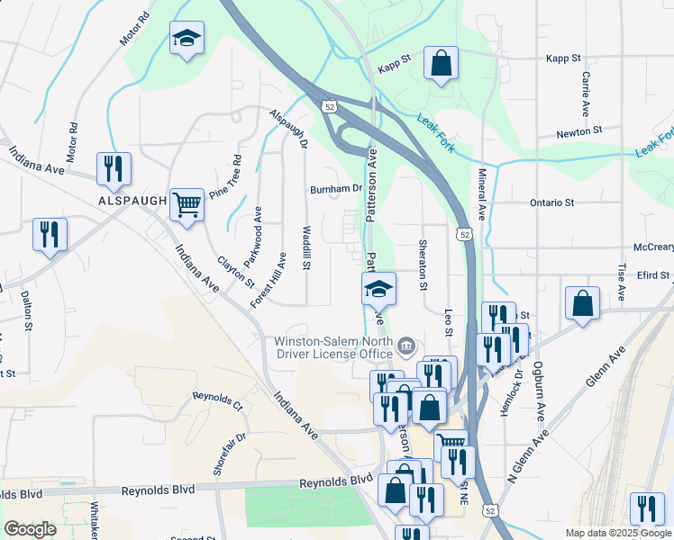 map of restaurants, bars, coffee shops, grocery stores, and more near 3923 Burtis Street in Winston-Salem