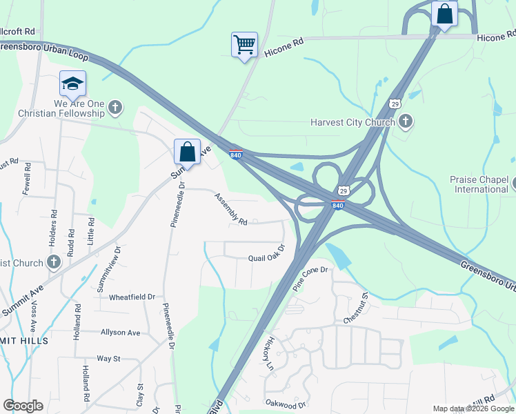 map of restaurants, bars, coffee shops, grocery stores, and more near 2721 Assembly Road in Greensboro