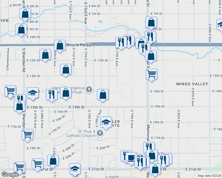map of restaurants, bars, coffee shops, grocery stores, and more near 1349 South 76th East Avenue in Tulsa
