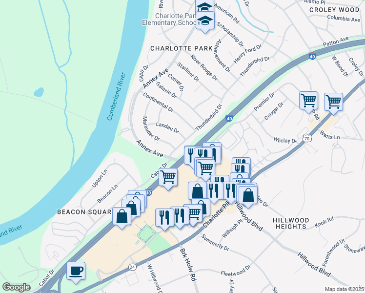 map of restaurants, bars, coffee shops, grocery stores, and more near 6525 Thunderbird Drive in Nashville