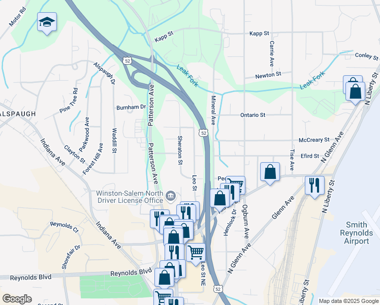 map of restaurants, bars, coffee shops, grocery stores, and more near 3980 Leo Street in Winston-Salem