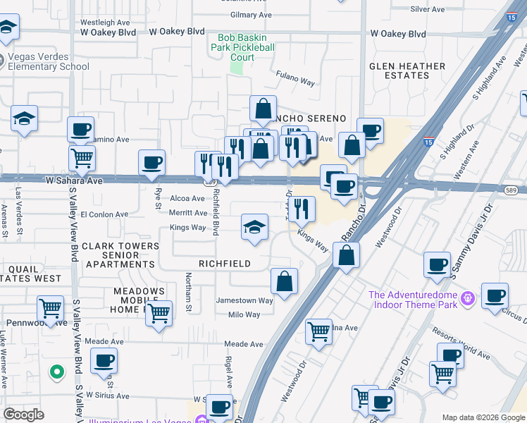 map of restaurants, bars, coffee shops, grocery stores, and more near 2725 Merritt Avenue in Las Vegas