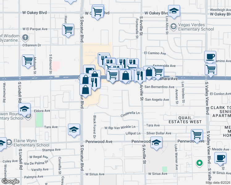 map of restaurants, bars, coffee shops, grocery stores, and more near 4604 Hansel Circle in Las Vegas