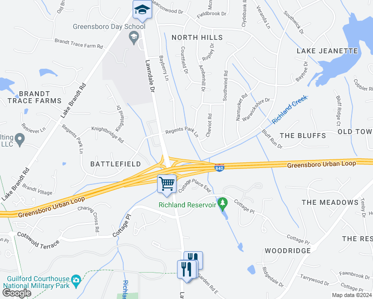 map of restaurants, bars, coffee shops, grocery stores, and more near 5006 Lawndale Drive in Greensboro