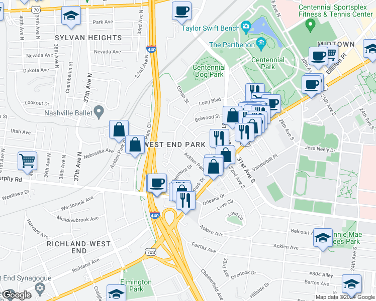 map of restaurants, bars, coffee shops, grocery stores, and more near in Nashville