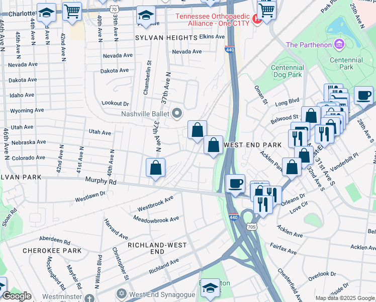map of restaurants, bars, coffee shops, grocery stores, and more near 502 Acklen Park Drive in Nashville