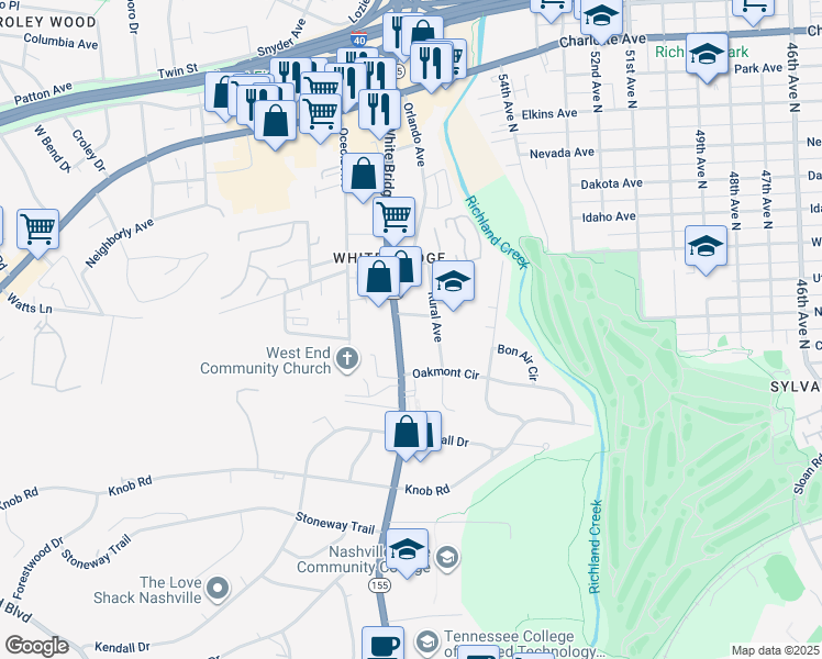 map of restaurants, bars, coffee shops, grocery stores, and more near 261 White Bridge Pike in Nashville