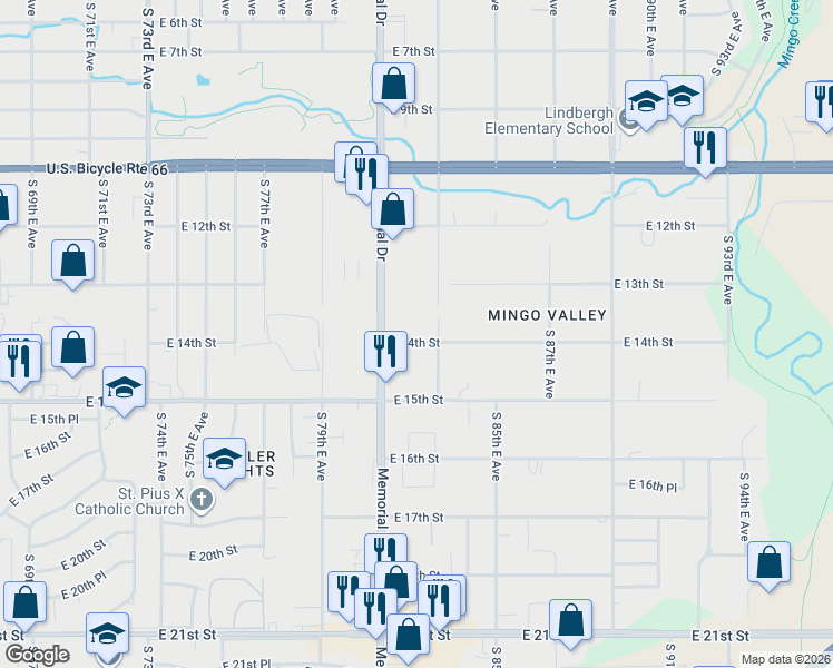 map of restaurants, bars, coffee shops, grocery stores, and more near 8119 East 14th Street in Tulsa