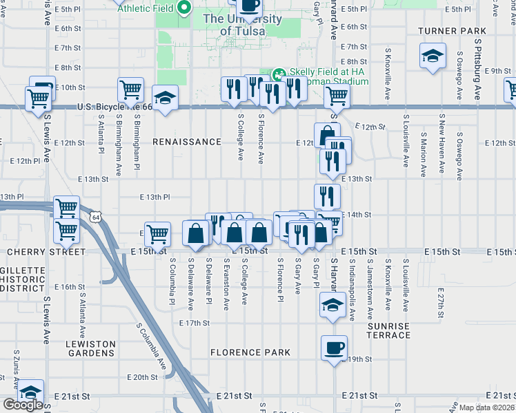 map of restaurants, bars, coffee shops, grocery stores, and more near 3107 East 14th Street in Tulsa
