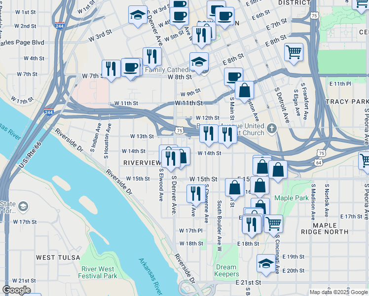 map of restaurants, bars, coffee shops, grocery stores, and more near 1322 South Carson Avenue in Tulsa