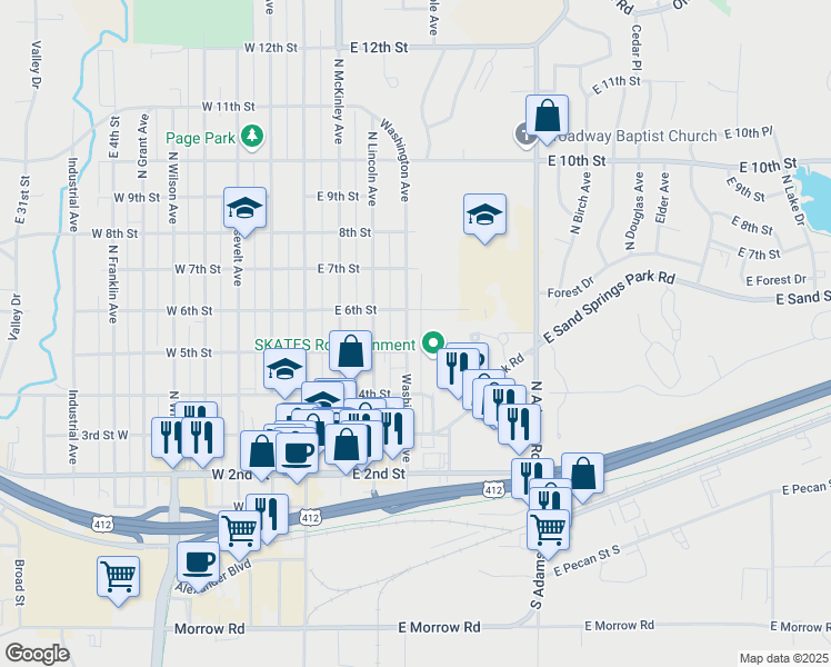 map of restaurants, bars, coffee shops, grocery stores, and more near 502 Washington Avenue in Sand Springs