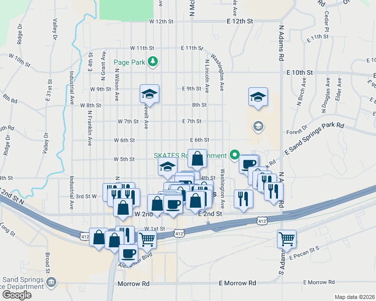 map of restaurants, bars, coffee shops, grocery stores, and more near 500 North McKinley Avenue in Sand Springs