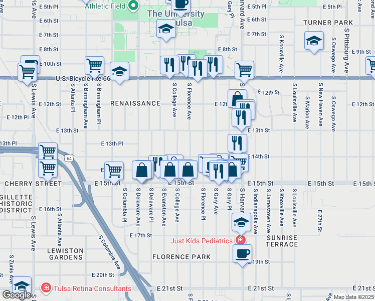 map of restaurants, bars, coffee shops, grocery stores, and more near 3107 East 14th Street in Tulsa