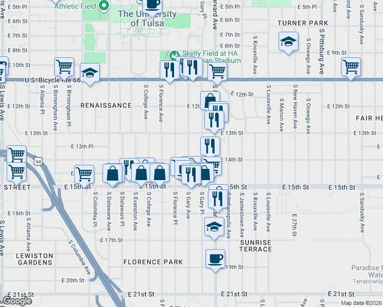 map of restaurants, bars, coffee shops, grocery stores, and more near 1348 South Gary Avenue in Tulsa