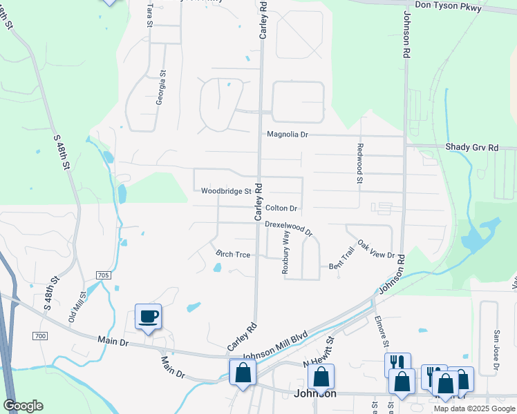 map of restaurants, bars, coffee shops, grocery stores, and more near 3001 Colton Drive in Springdale