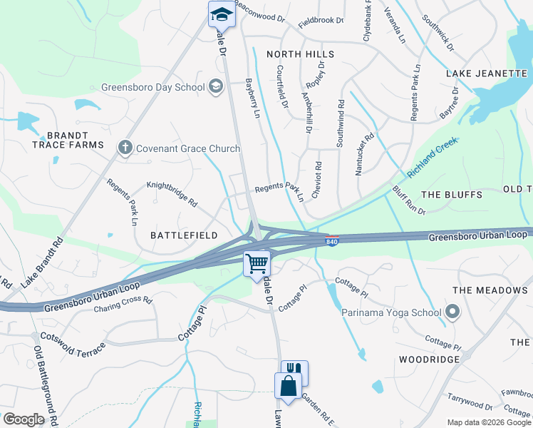 map of restaurants, bars, coffee shops, grocery stores, and more near 5000 Lawndale Drive in Greensboro