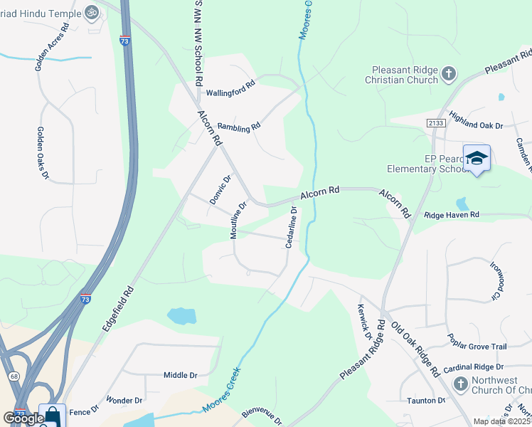 map of restaurants, bars, coffee shops, grocery stores, and more near 7305 Alcorn Road in Greensboro