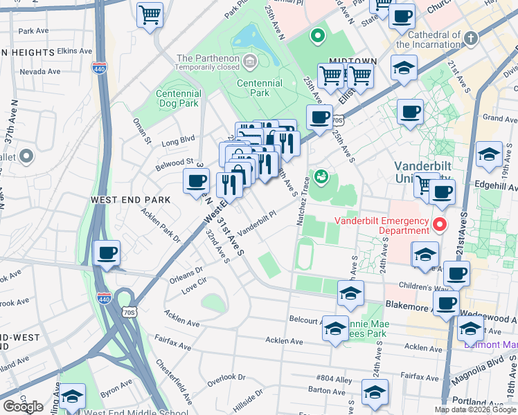 map of restaurants, bars, coffee shops, grocery stores, and more near 3000 Vanderbilt Place in Nashville