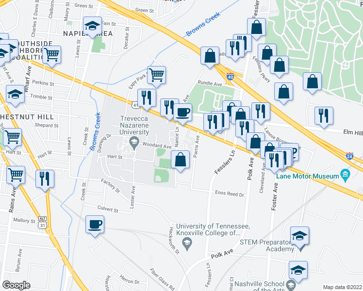map of restaurants, bars, coffee shops, grocery stores, and more near 86 Nance Lane in Nashville