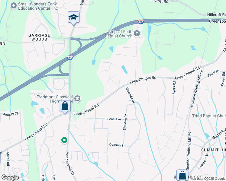 map of restaurants, bars, coffee shops, grocery stores, and more near 1604 Lees Chapel Road in Greensboro