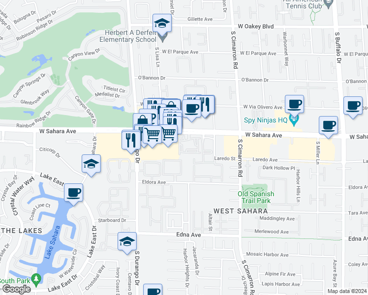 map of restaurants, bars, coffee shops, grocery stores, and more near 8455 West Sahara Avenue in Las Vegas