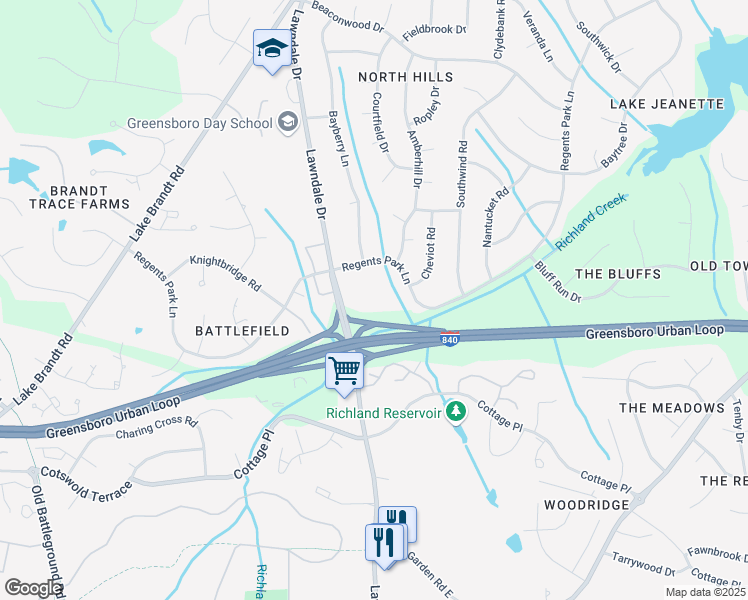 map of restaurants, bars, coffee shops, grocery stores, and more near 5004 Lawndale Drive in Greensboro