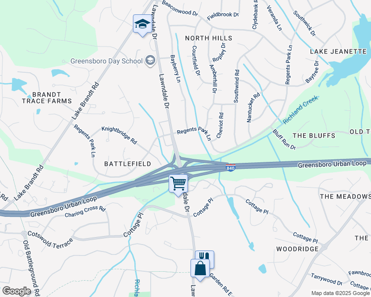 map of restaurants, bars, coffee shops, grocery stores, and more near 5000 Lawndale Drive in Greensboro