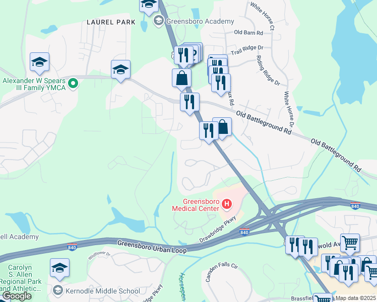 map of restaurants, bars, coffee shops, grocery stores, and more near 3826 Wayfarer Drive in Greensboro