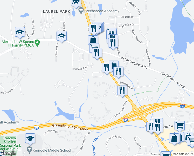 map of restaurants, bars, coffee shops, grocery stores, and more near 3828 Wayfarer Drive in Greensboro