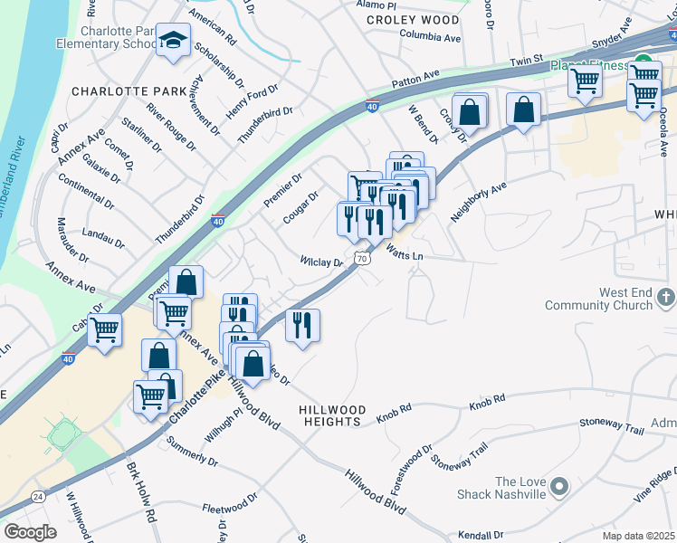 map of restaurants, bars, coffee shops, grocery stores, and more near 6430 Charlotte Pike in Nashville