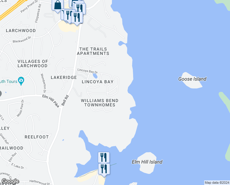 map of restaurants, bars, coffee shops, grocery stores, and more near 1832 Lincoya Bay Drive in Nashville