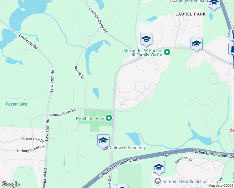 map of restaurants, bars, coffee shops, grocery stores, and more near 3012 Dressage Drive in Greensboro