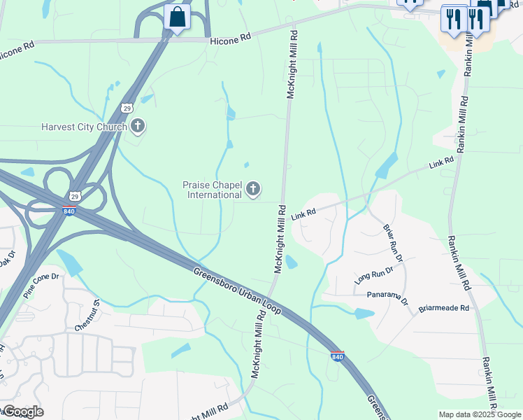 map of restaurants, bars, coffee shops, grocery stores, and more near 3602 Canaan Forest Drive in Greensboro