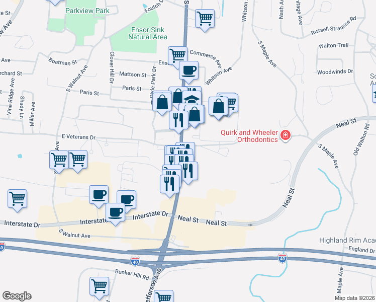 map of restaurants, bars, coffee shops, grocery stores, and more near 830 S Jefferson Ave in Cookeville
