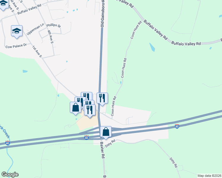 map of restaurants, bars, coffee shops, grocery stores, and more near 1870 Coon Hunt Rd in Cookeville