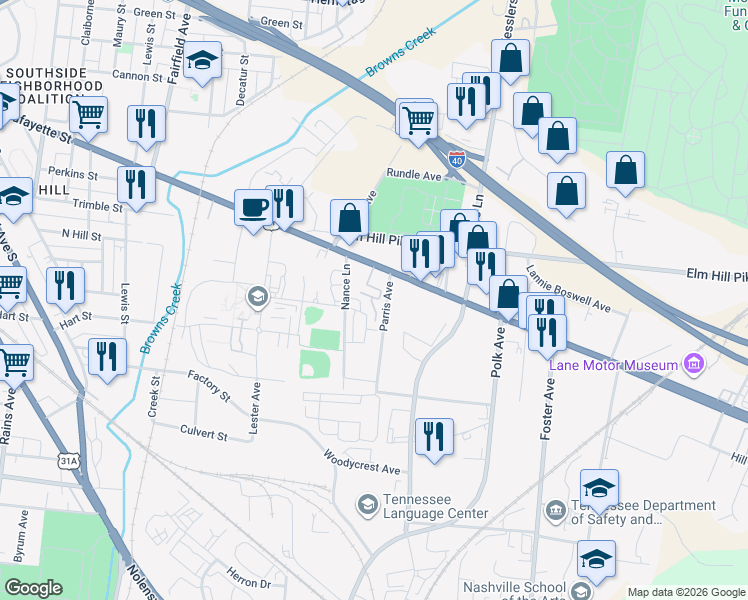 map of restaurants, bars, coffee shops, grocery stores, and more near 411 Murfreesboro Pike in Nashville