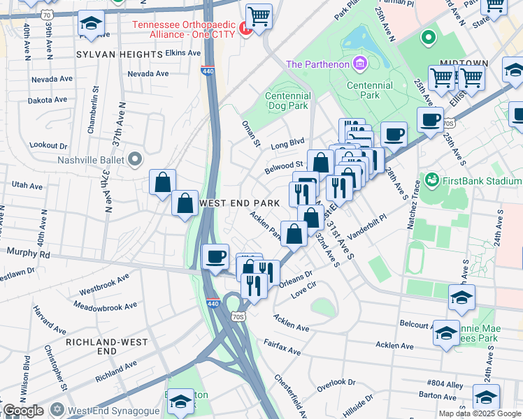 map of restaurants, bars, coffee shops, grocery stores, and more near in Nashville