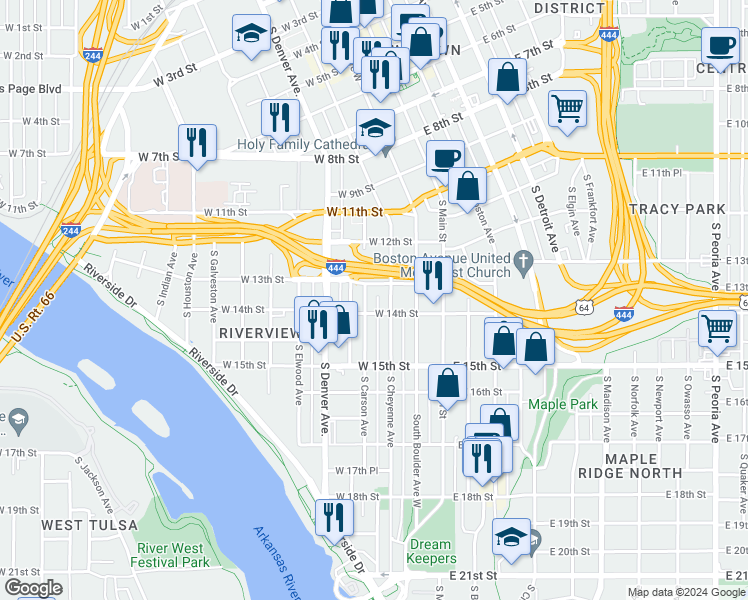 map of restaurants, bars, coffee shops, grocery stores, and more near 1322 South Carson Avenue in Tulsa