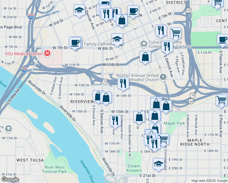 map of restaurants, bars, coffee shops, grocery stores, and more near 1322 South Carson Avenue in Tulsa